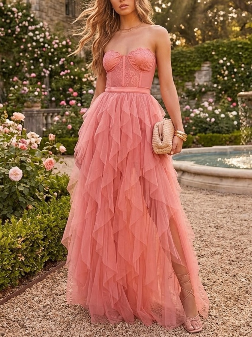 Vici Sidonne Tulle Maxi Dress Strapless Ruffled Tulle Dress in Coral Pink size M